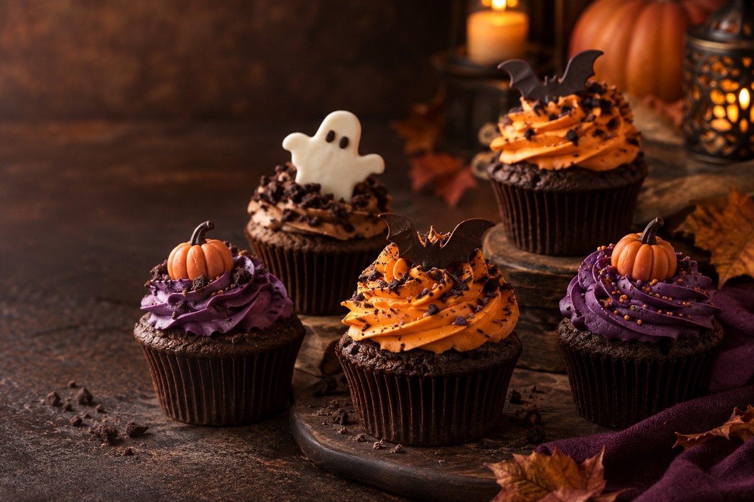 Cupcakes de Halloween decorados con crema naranja y morada, calabazas, murciélagos y un fantasma de chocolate blanco